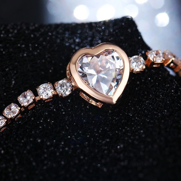 TheBoldBohemian Jewelry - NEW Rose Gold Heart Tennis Bracelet Crystals CZ